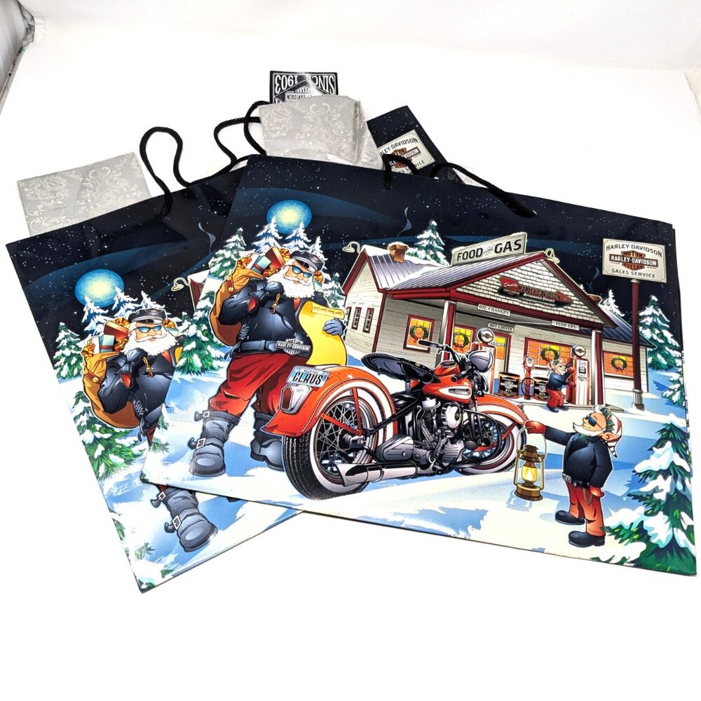 Harley Davidson Christmas Gift Bag 2013 Santa Gas Station Lot of 2 16x13x6 deep